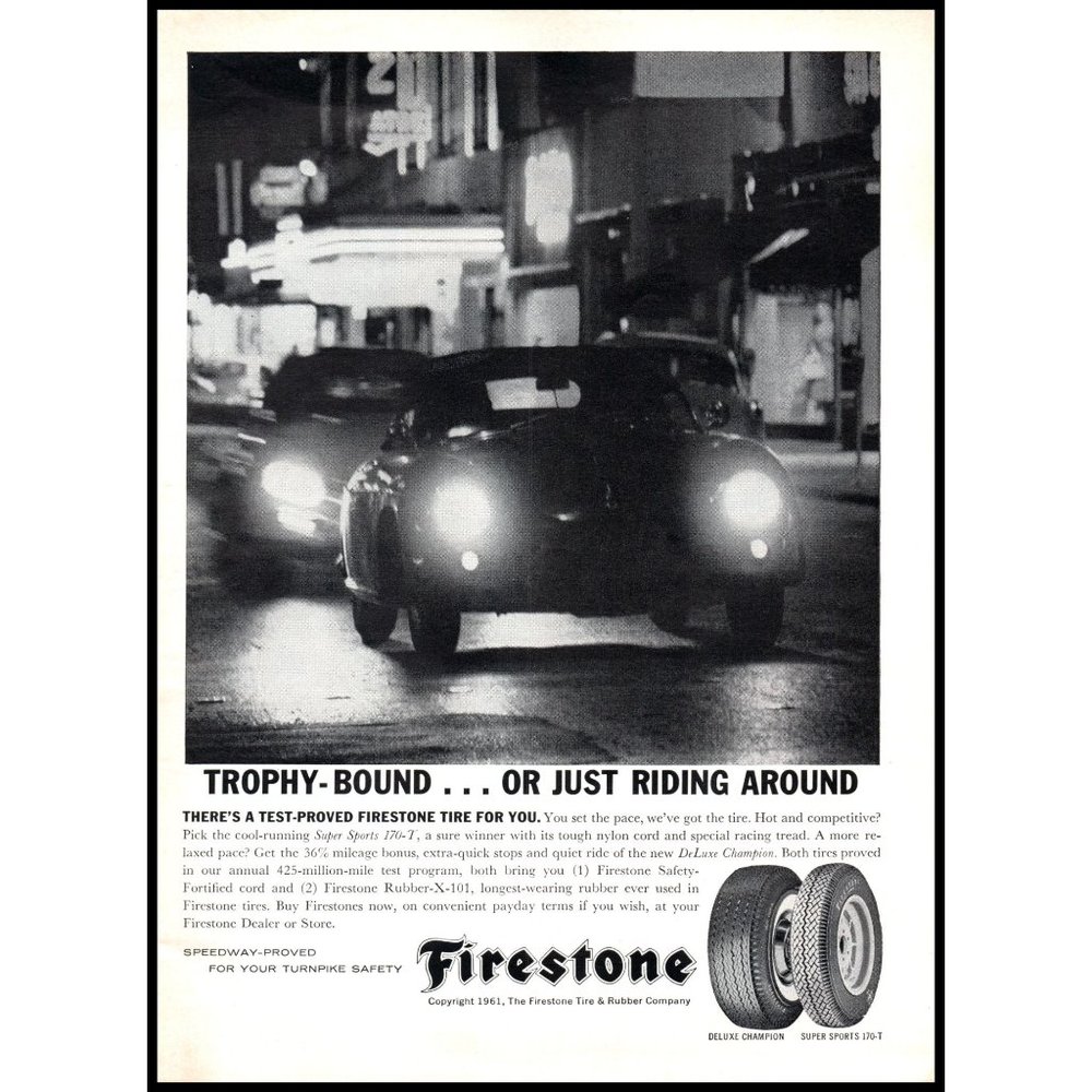 1961 Firestone Tires Vintage Print Ad Porsche 356 City Street at Night Wall Art